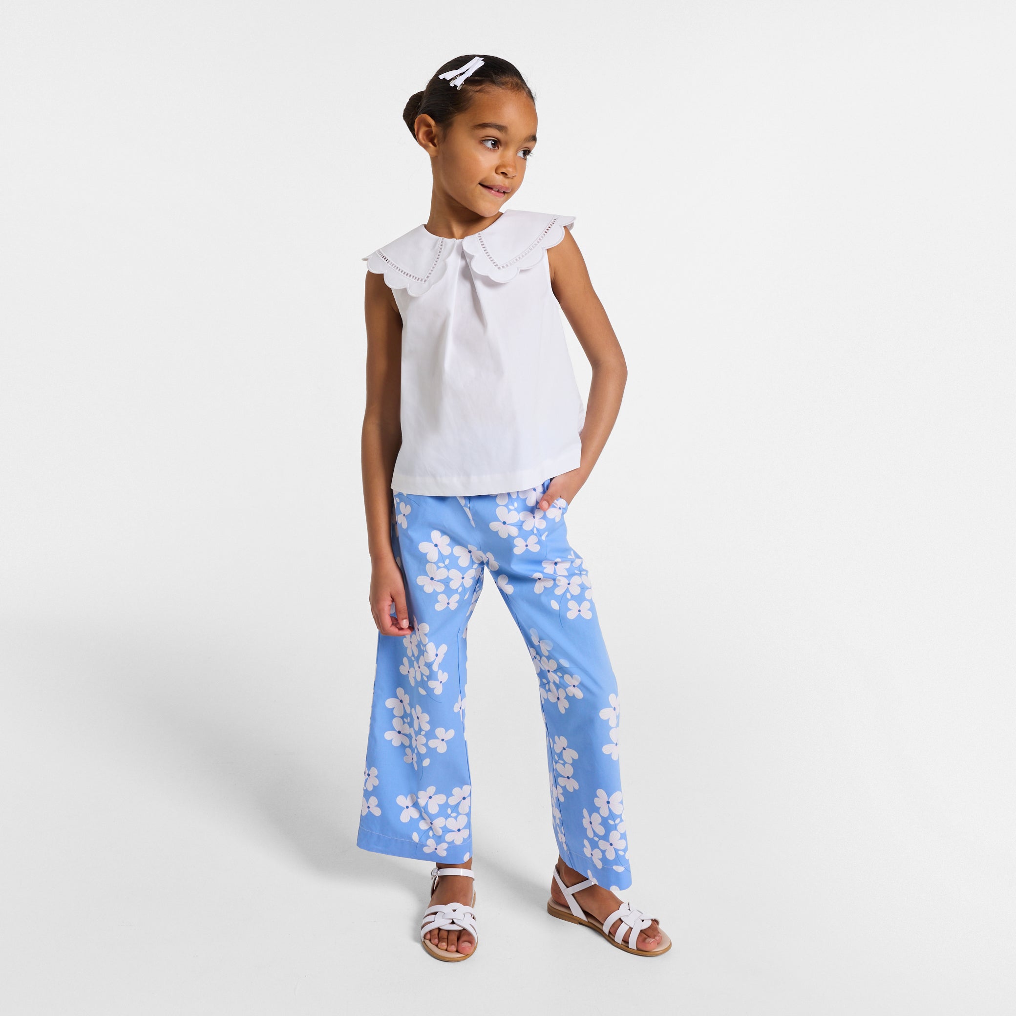 Girls wide-leg printed poplin trousers