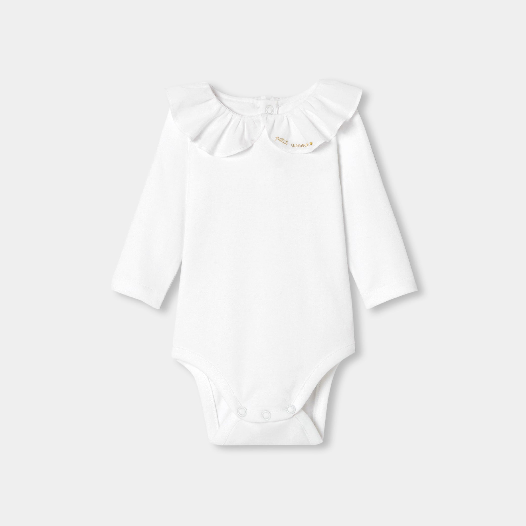 Baby girl long-sleeved cotton bodysuit with a ruffled collar