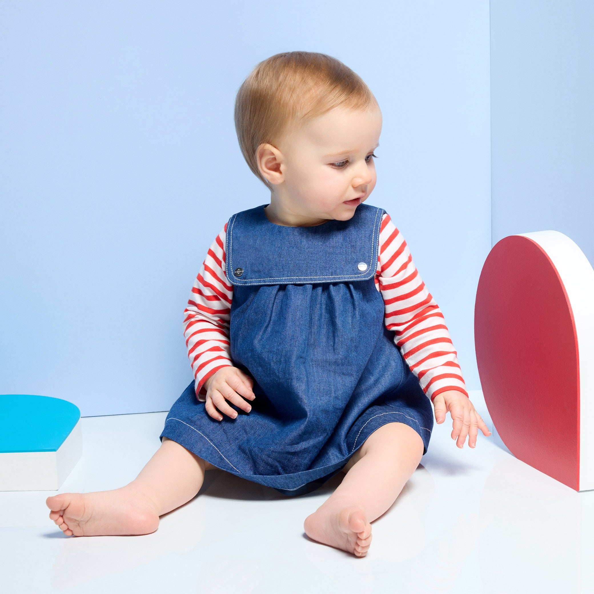 Baby girl pinafore dress in lightweight denim
