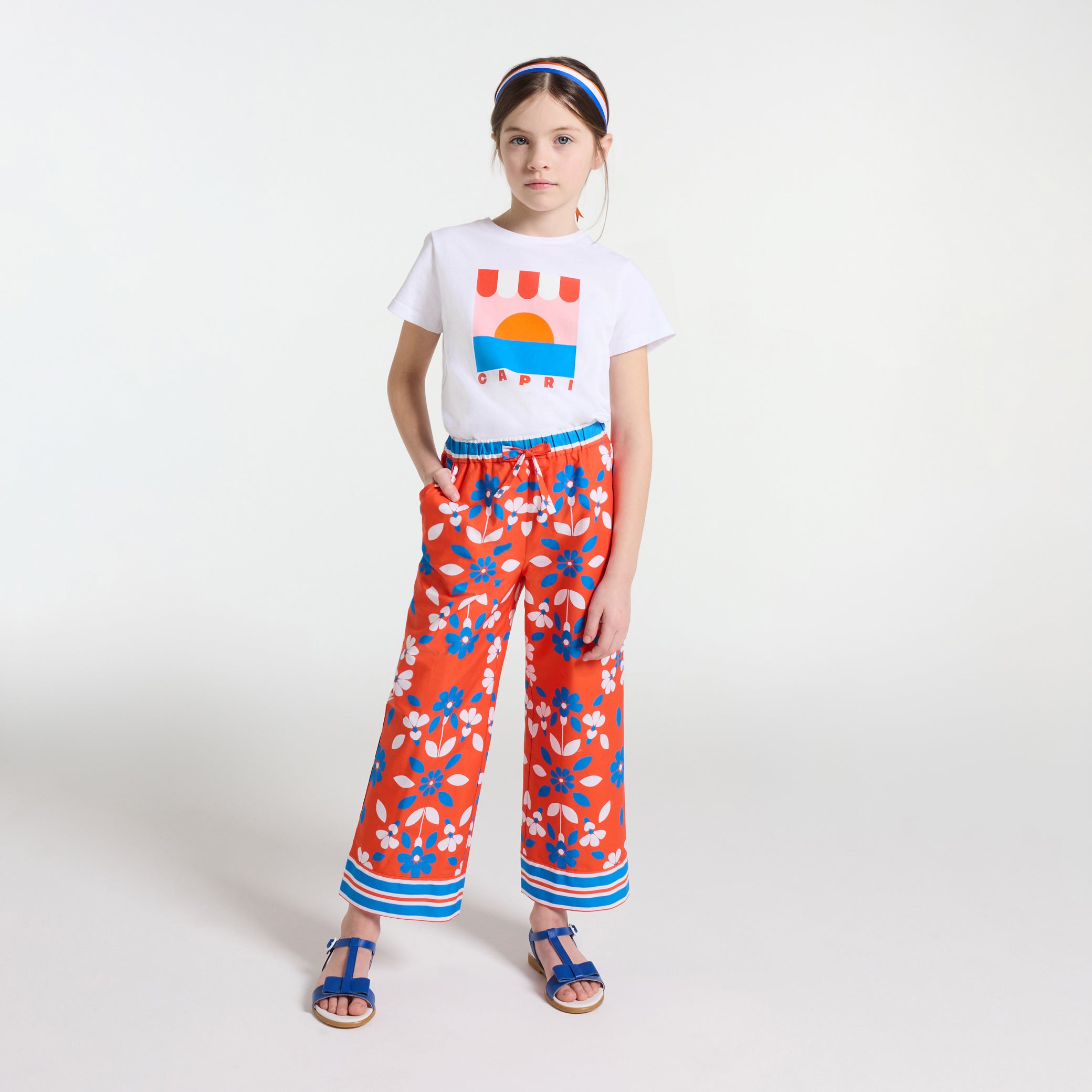 Girl wide-leg trousers in printed poplin